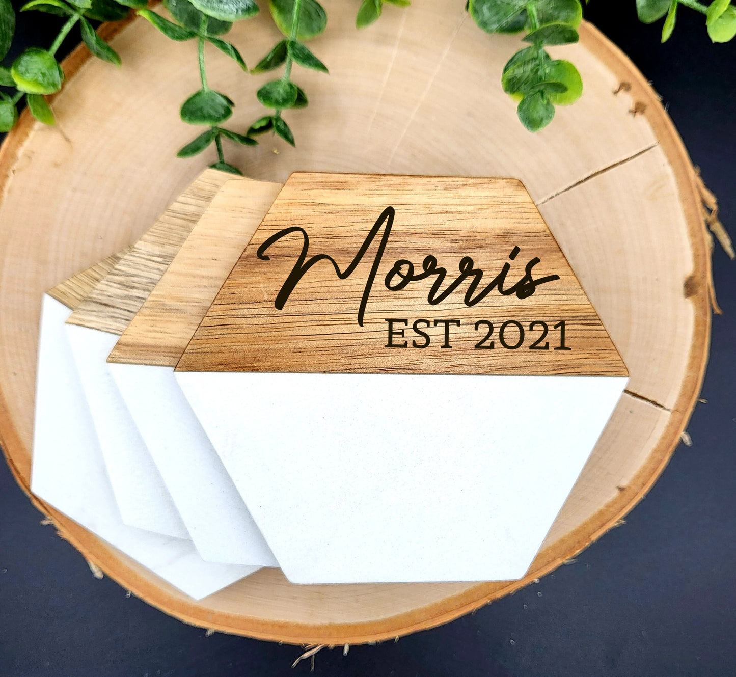 Personalized Family Name Hexagon Shaped White Marble and Acacia Wood Coaster Set
