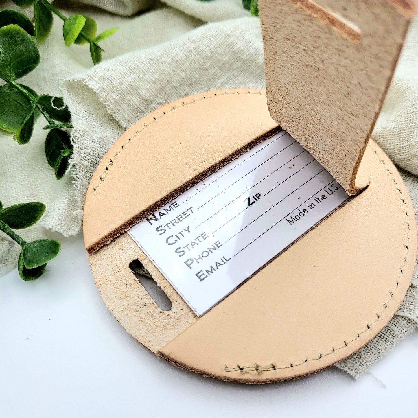 Monogrammed Round UV Printed Vegetable Tanned Luggage Tag, Beige Leather