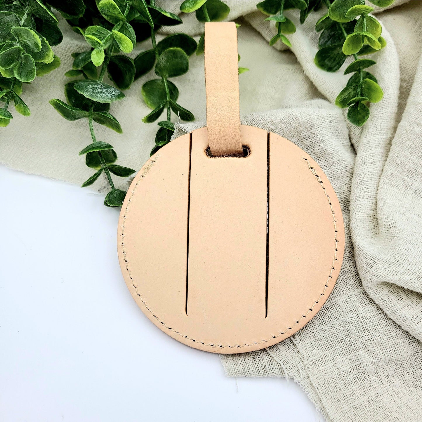 Monogrammed Round UV Printed Vegetable Tanned Luggage Tag, Beige Leather