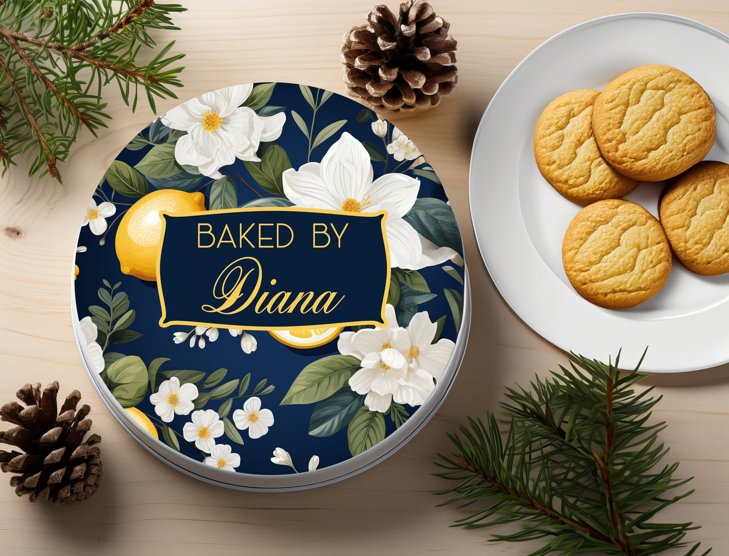 Lemons and Flowers Baked by Personalized Cookie Tin
