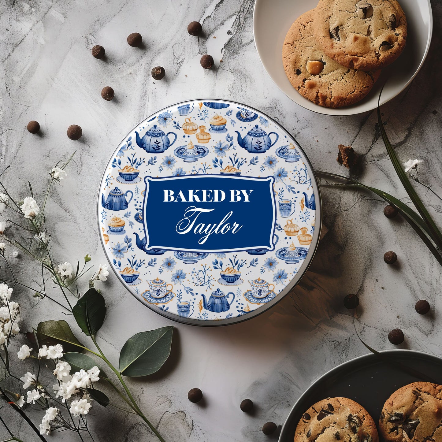 Personalized Baked by Chinoiserie Teapot Cookie or Cupcake Storage Tin