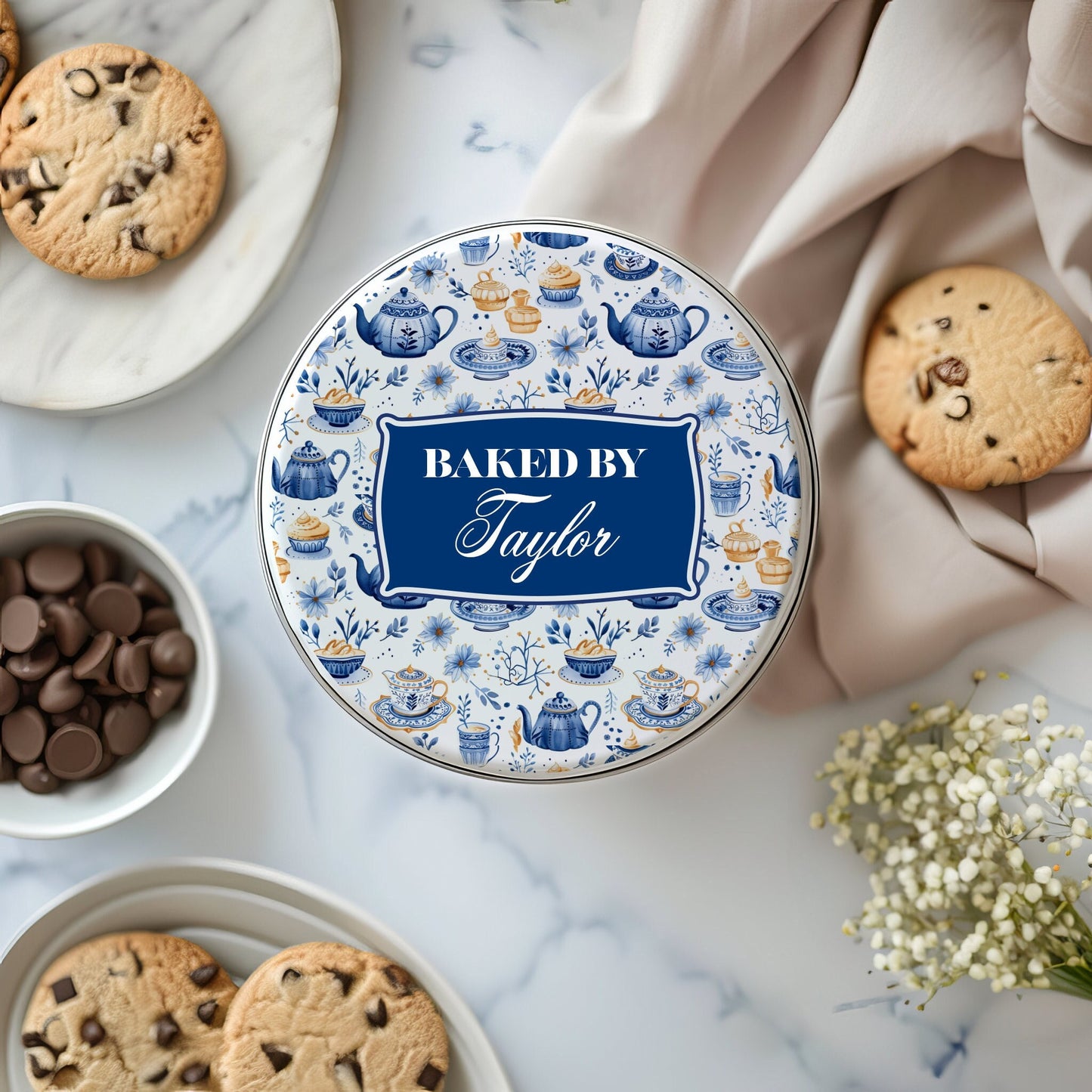 Personalized Baked by Chinoiserie Teapot Cookie or Cupcake Storage Tin