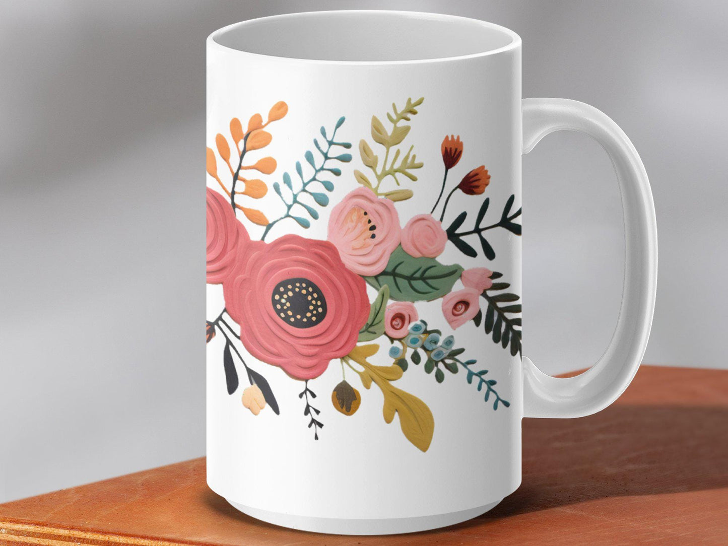 Personalized Floral Mug, Hand Drawn Flowers 11 or 15 oz