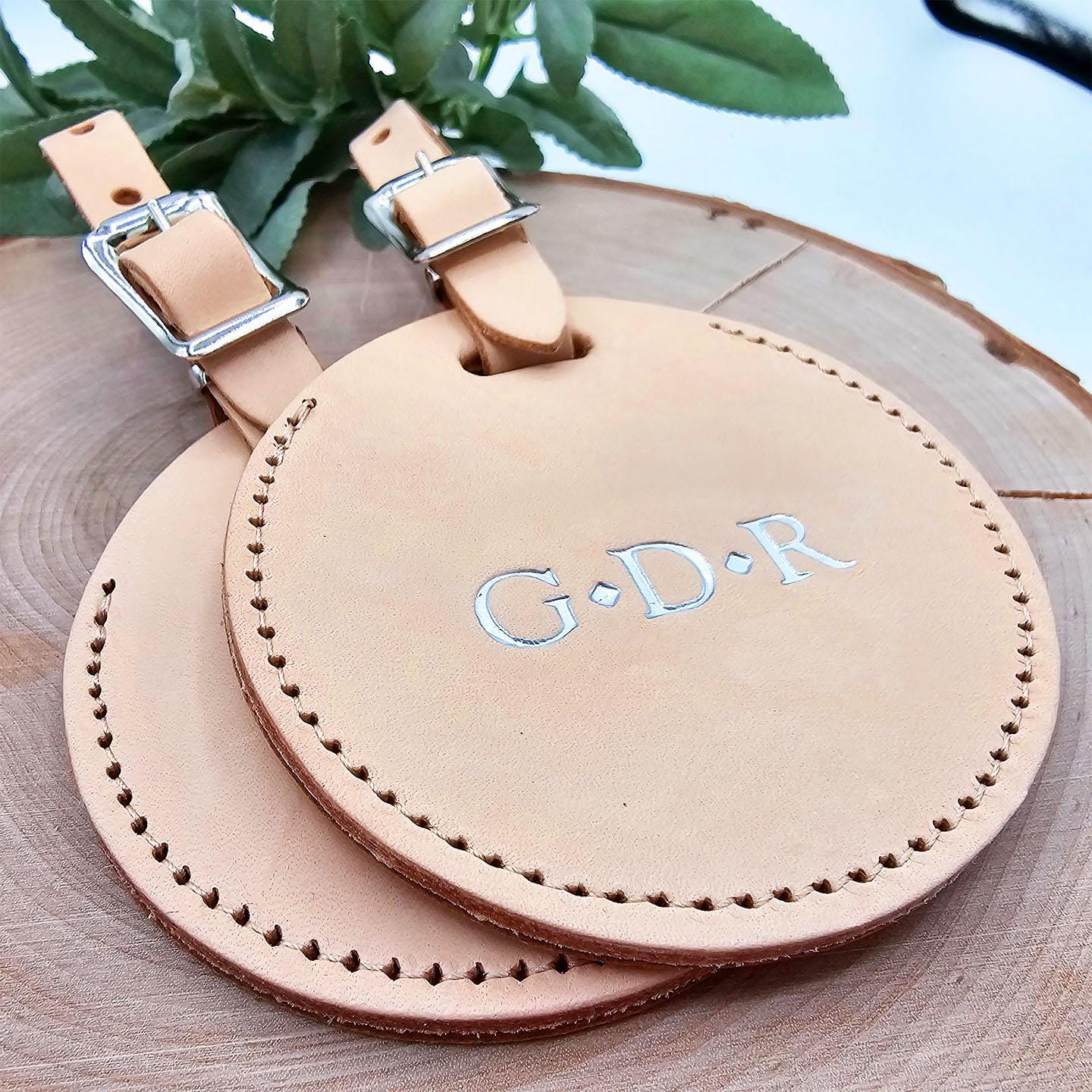 Monogrammed Round UV Printed Vegetable Tanned Luggage Tag, Beige Leather