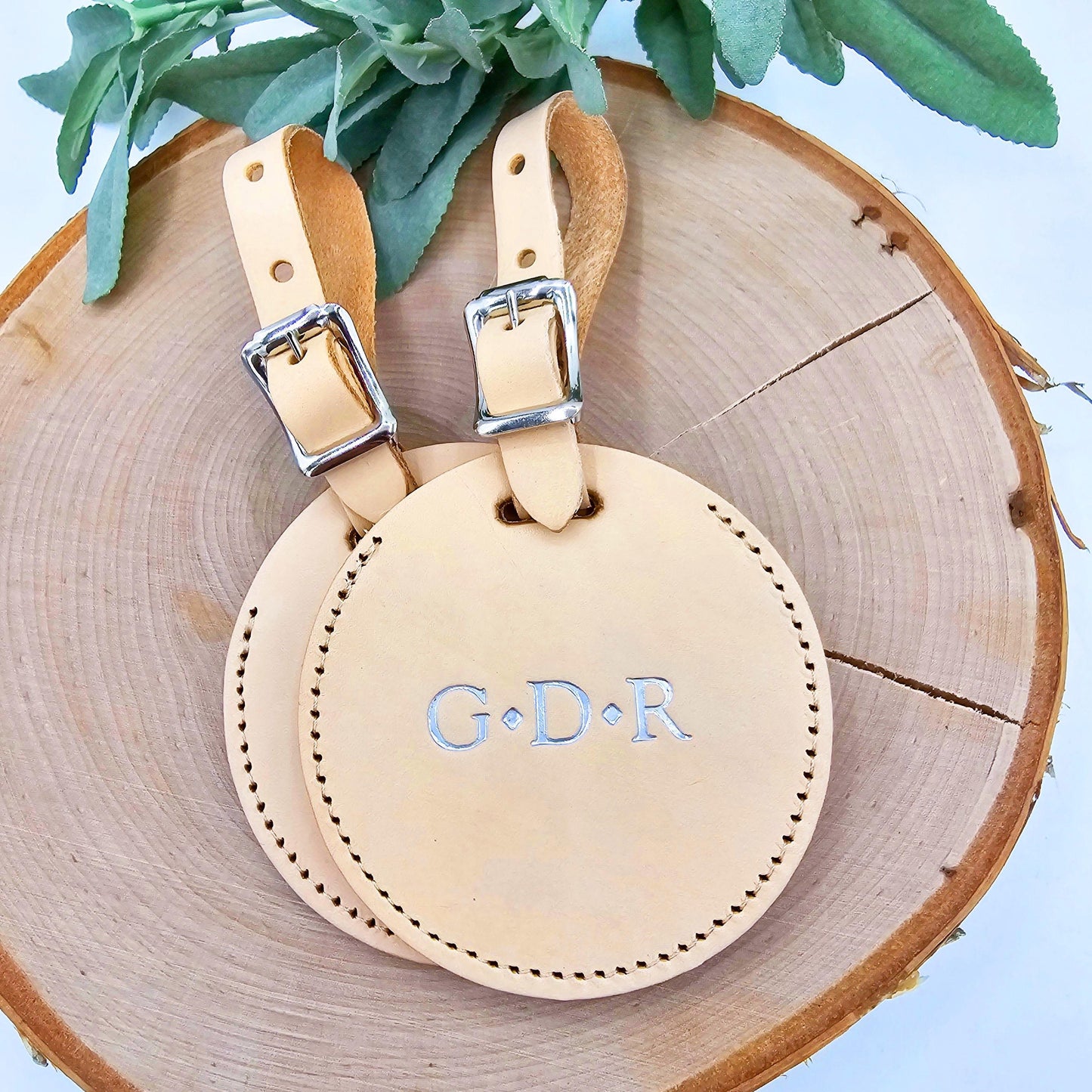 Monogrammed Round UV Printed Vegetable Tanned Luggage Tag, Beige Leather