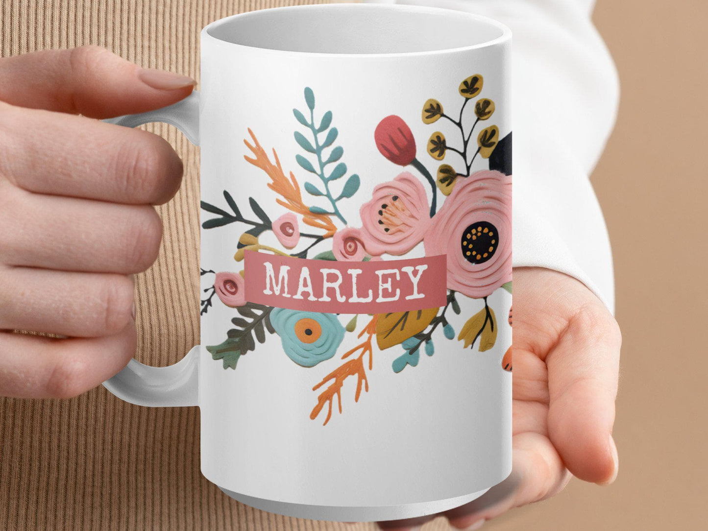 Personalized Floral Mug, Hand Drawn Flowers 11 or 15 oz