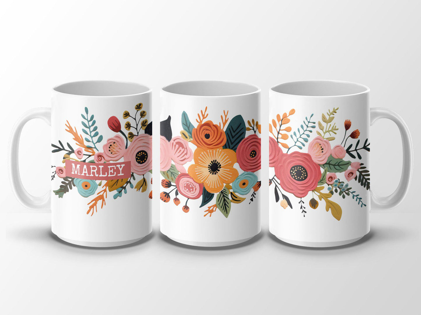 Personalized Floral Mug, Hand Drawn Flowers 11 or 15 oz