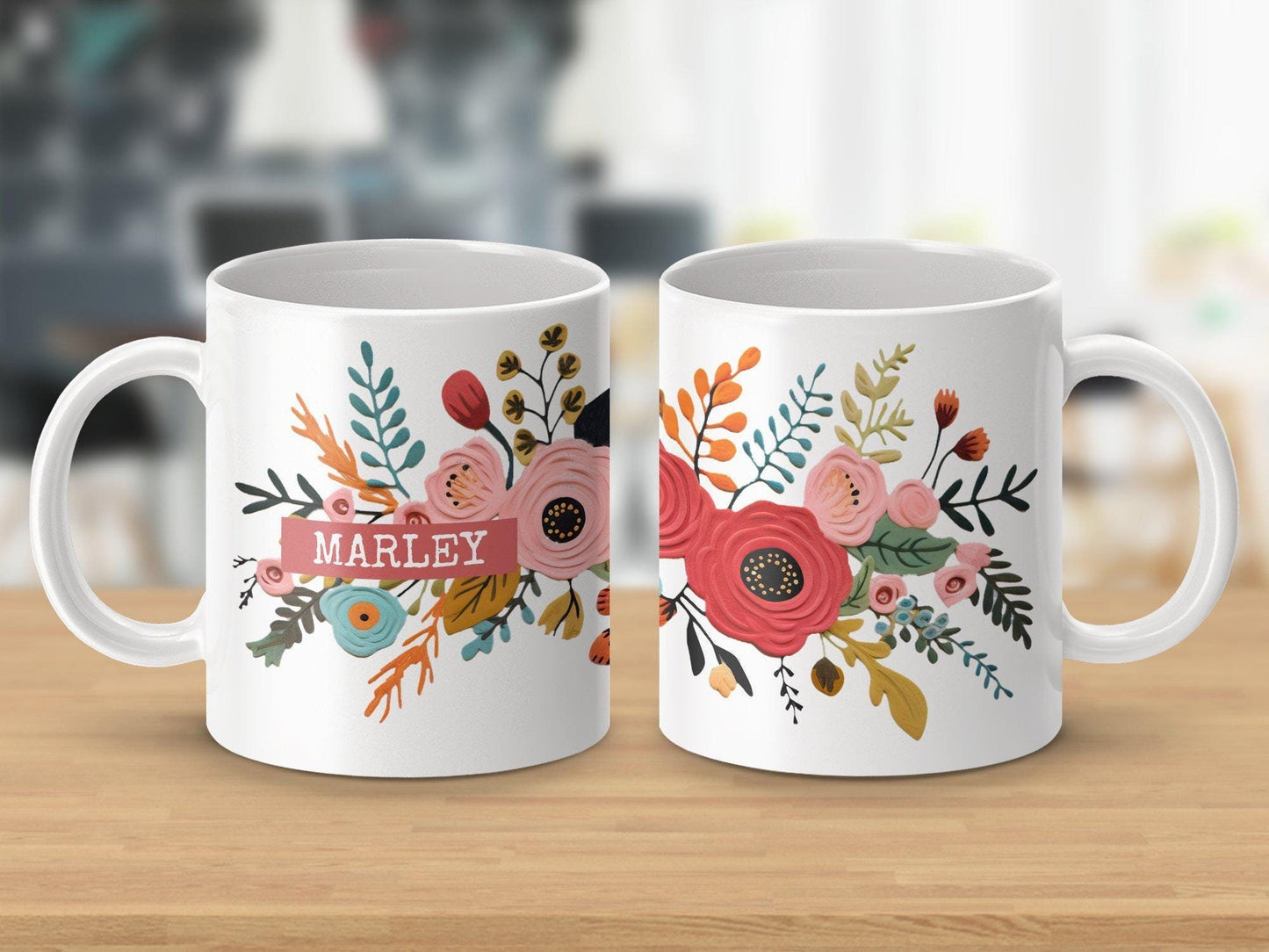 Personalized Floral Mug, Hand Drawn Flowers 11 or 15 oz