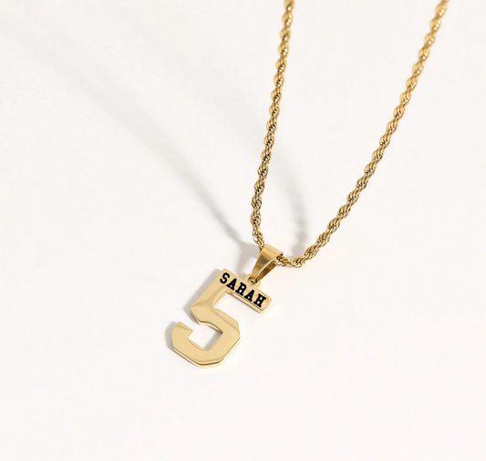 18K Gold Engraved Varsity Sport Number Pendant Necklace