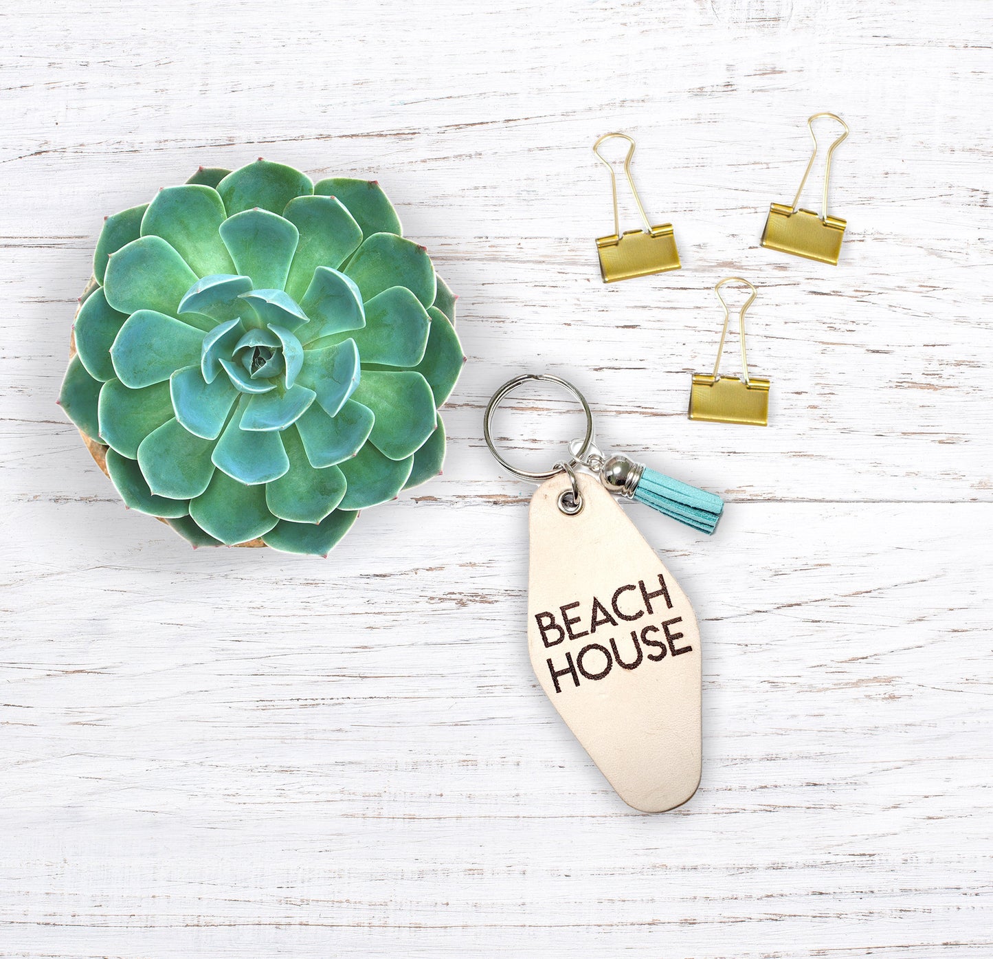 Beach House Natural Italian Leather Motel Key Shape with Tassel