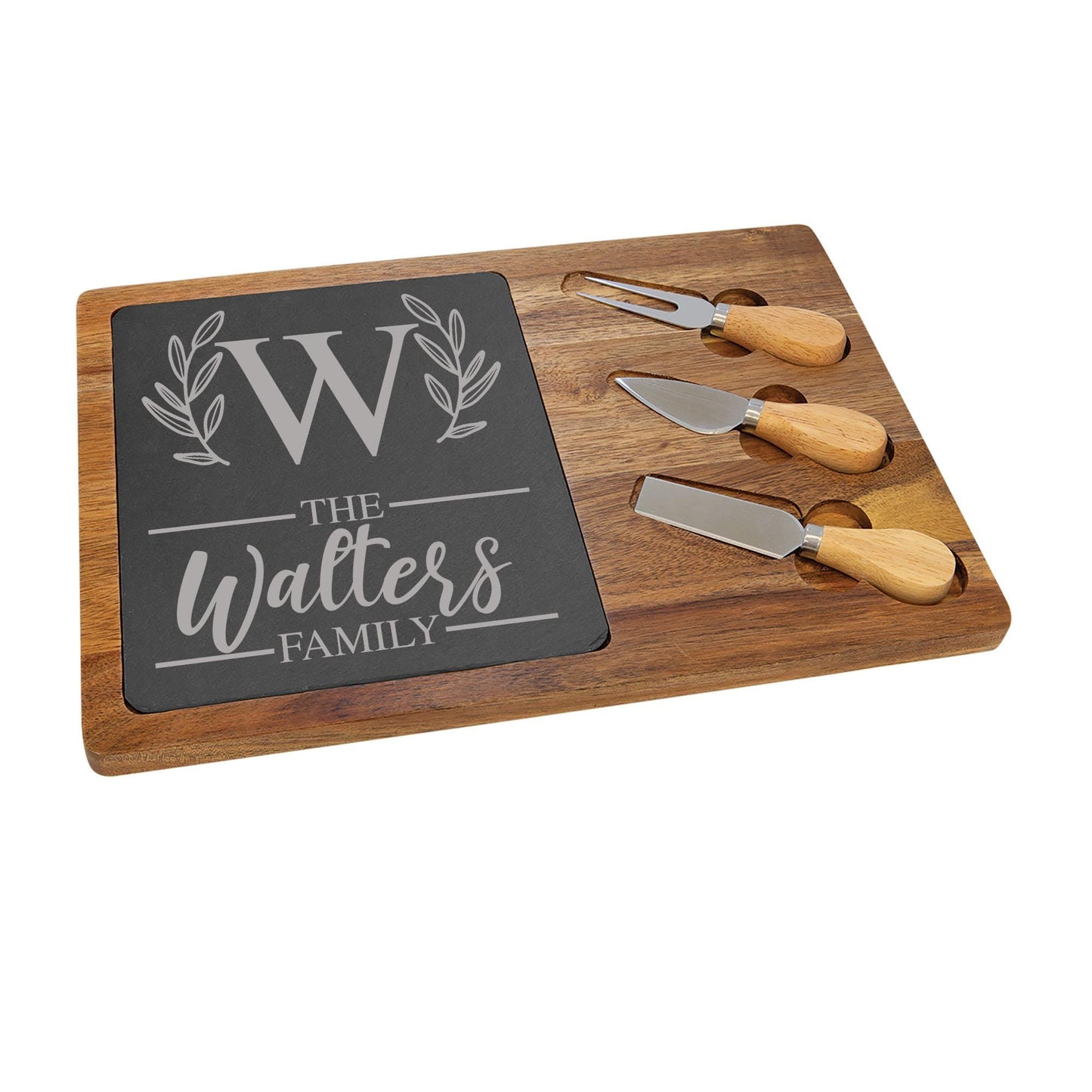 Personalized Acacia Wood Cheese Board with Wood Handled Tools