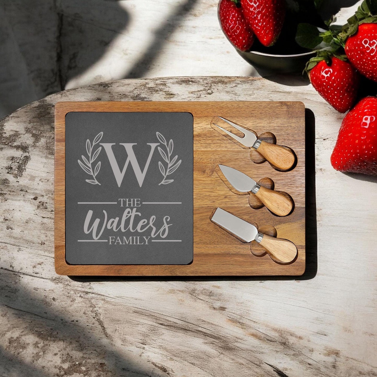 Personalized Acacia Wood Cheese Board with Wood Handled Tools