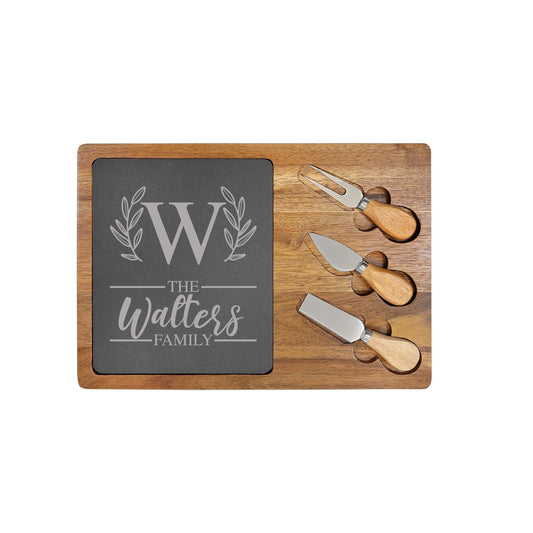 Personalized Acacia Wood Cheese Board with Wood Handled Tools