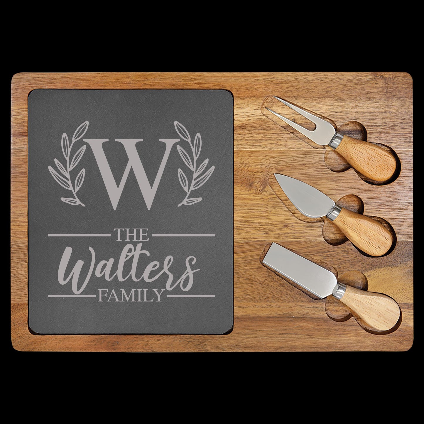 Personalized Acacia Wood Cheese Board with Wood Handled Tools