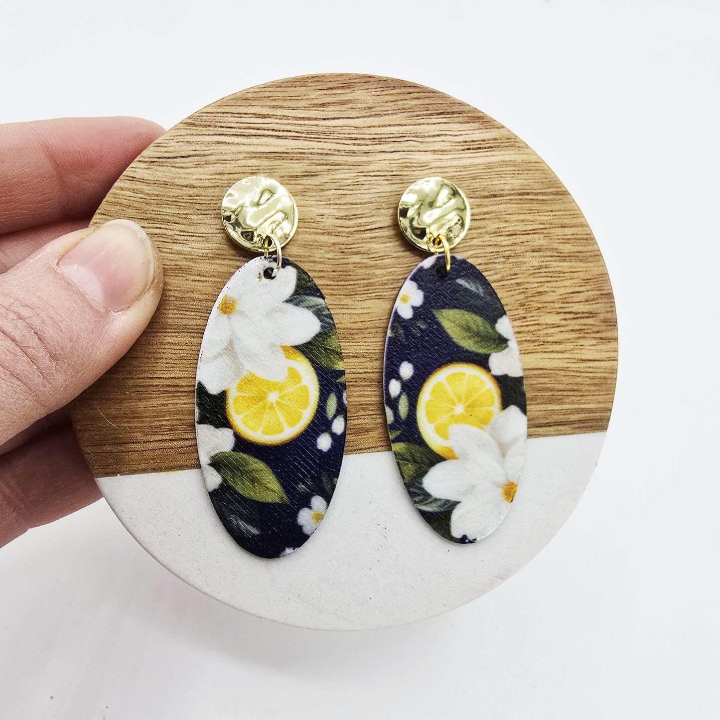 Lemon Gardenia Earrings, Hammered Gold Topper