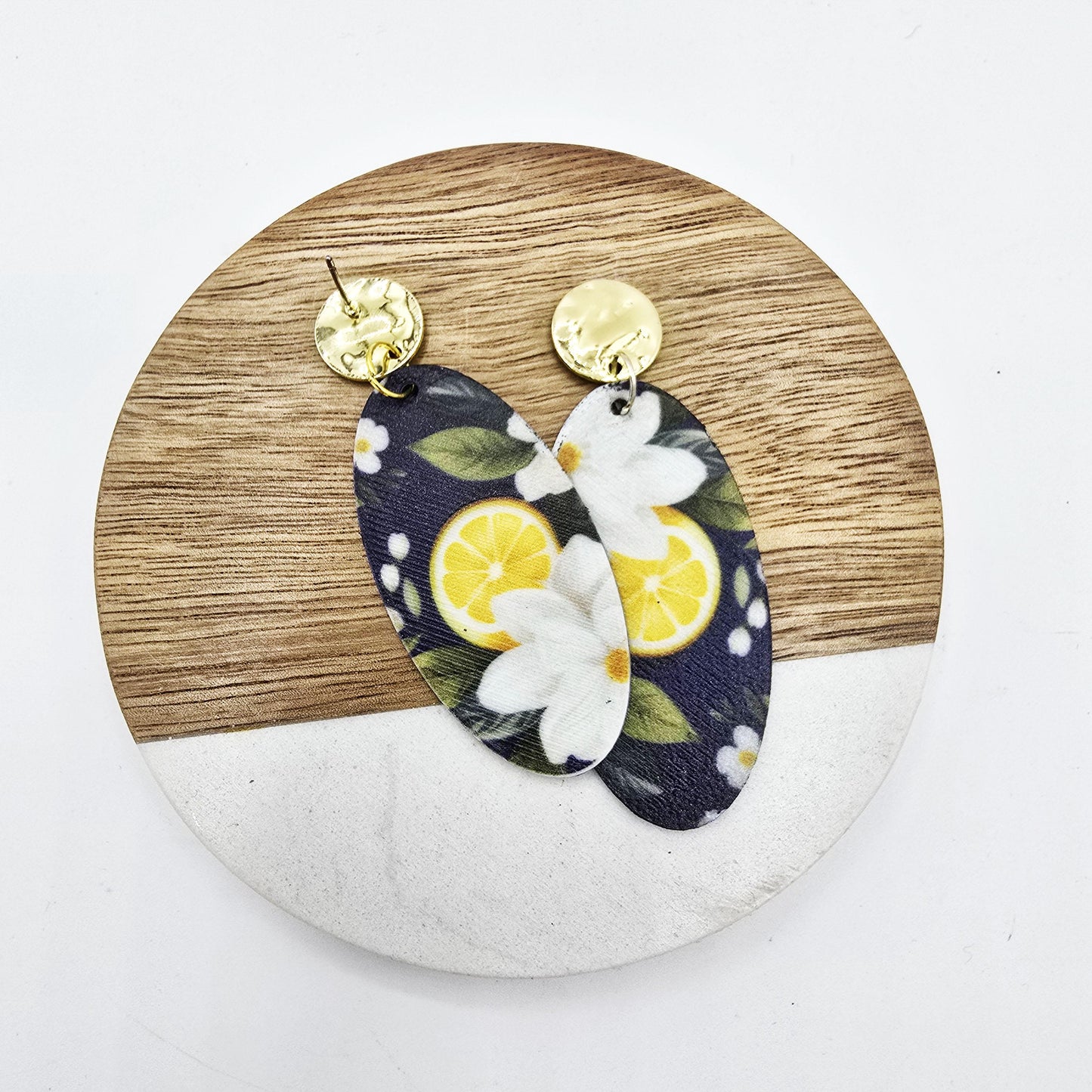 Lemon Gardenia Earrings, Hammered Gold Topper