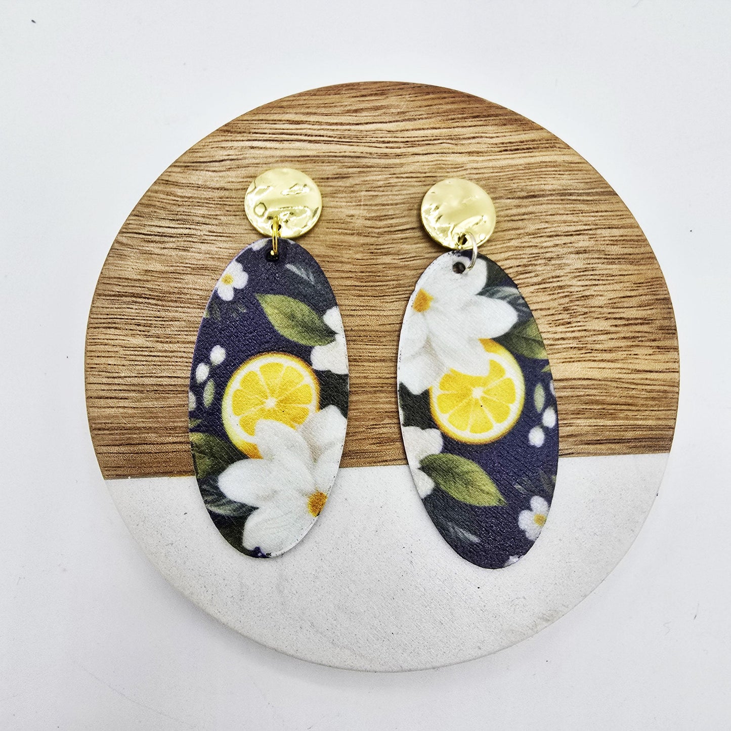 Lemon Gardenia Earrings, Hammered Gold Topper