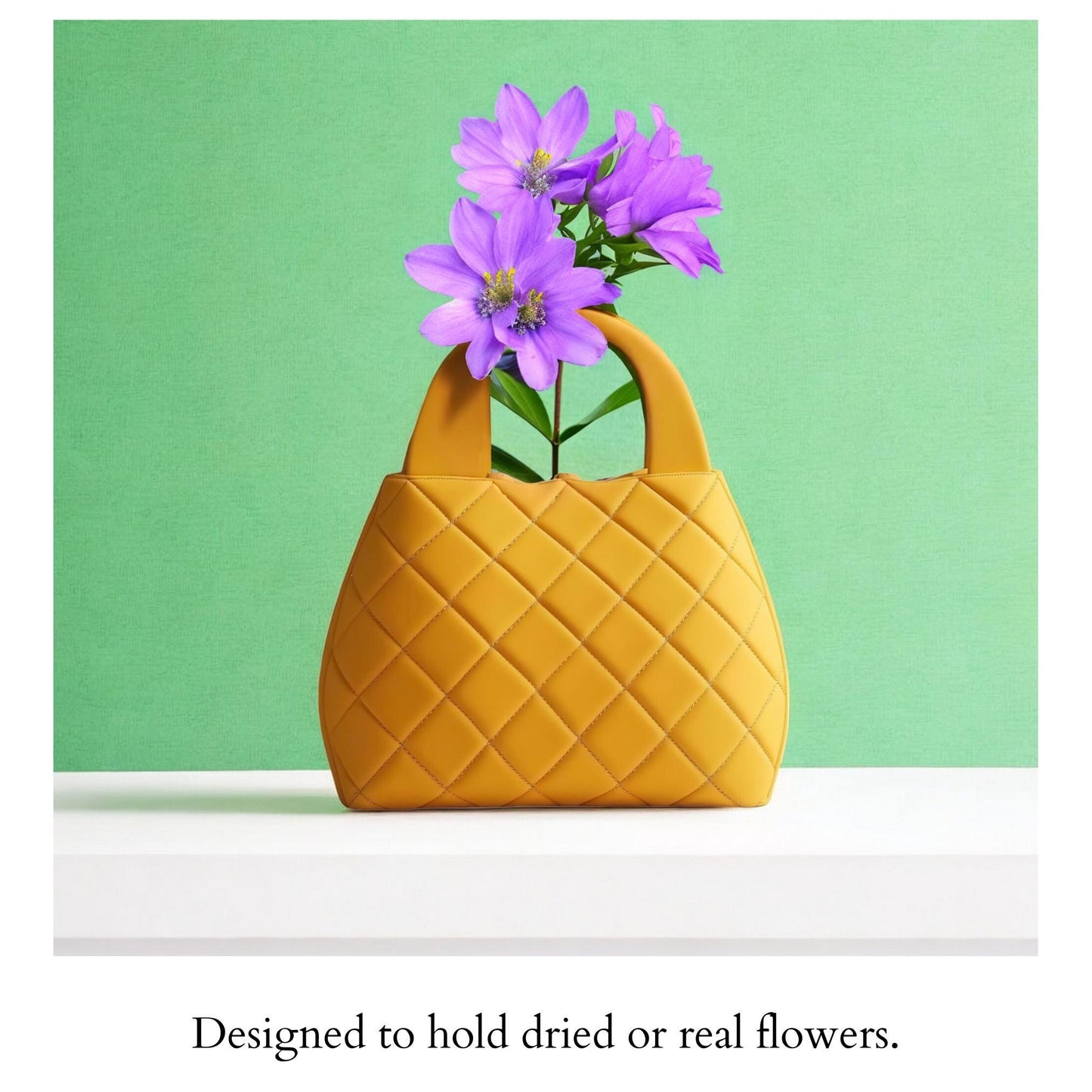 Quilted Bag Vase, 3D Printed Yellow Purse Flower Holder