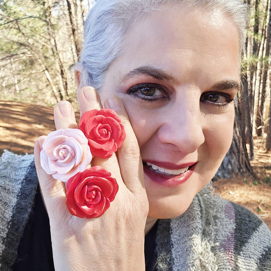 Rose Statement Ring, 3D Printed, Choose from Pearl Pink or Red, Matte Red