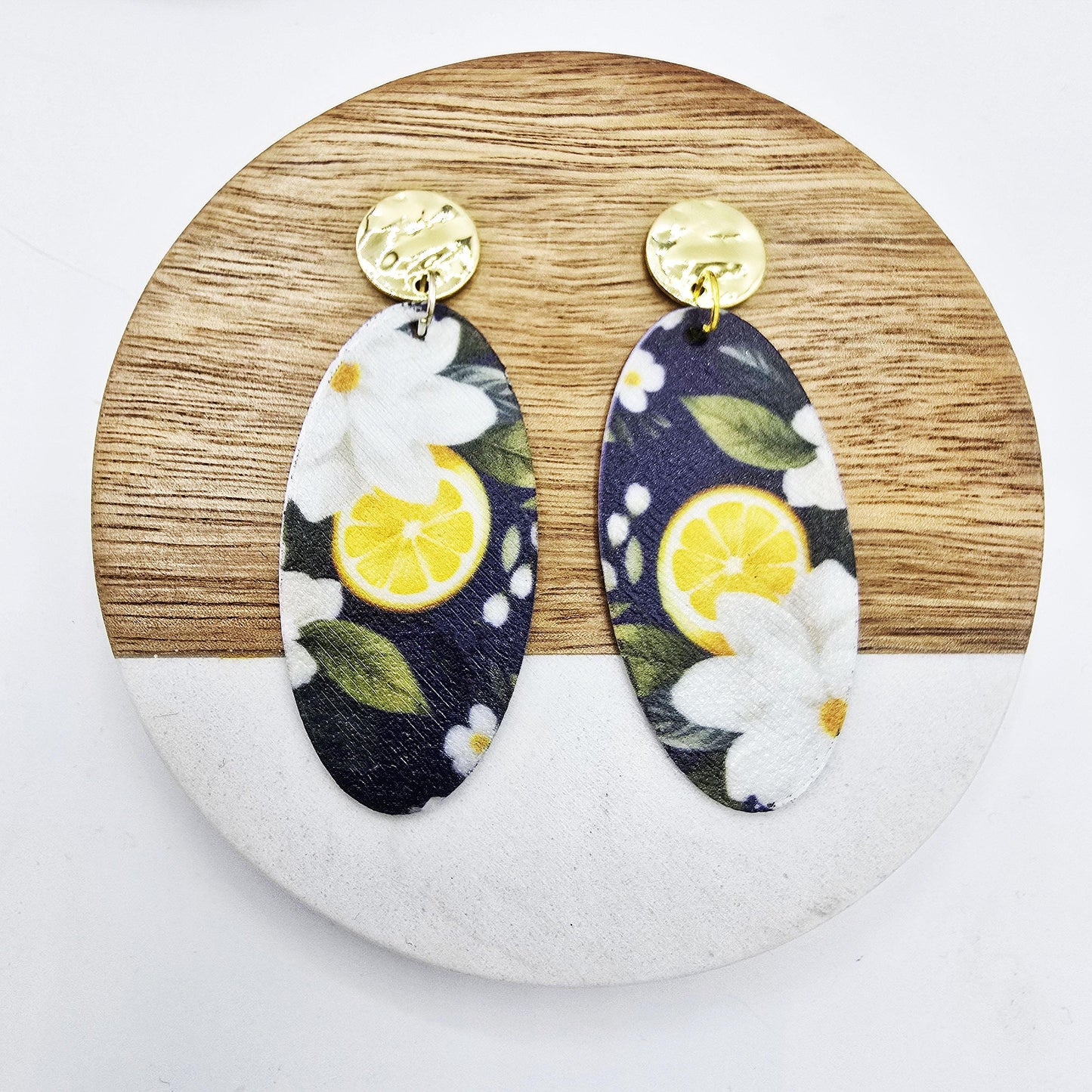 Lemon Gardenia Earrings, Hammered Gold Topper