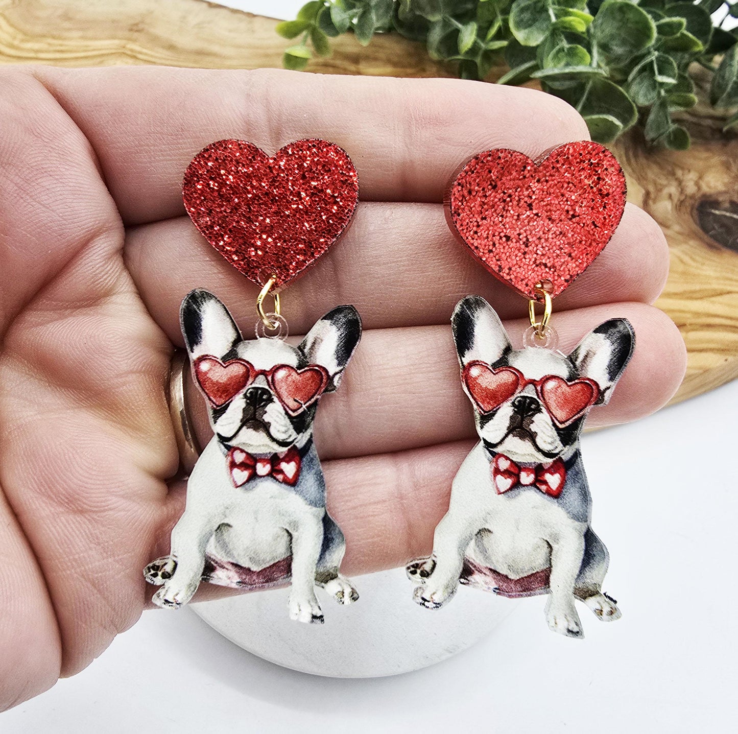 Frenchie Puppy Heart Earrings, French Bulldog Jewelry