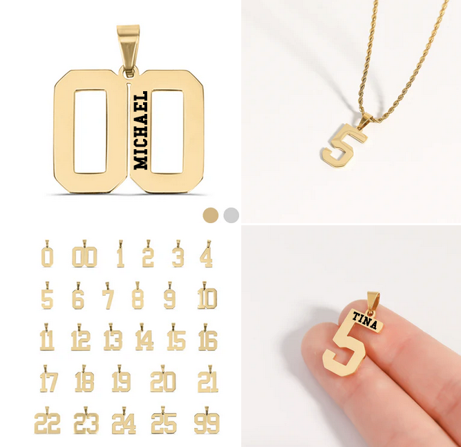 18K Gold Engraved Varsity Sport Number Pendant Necklace